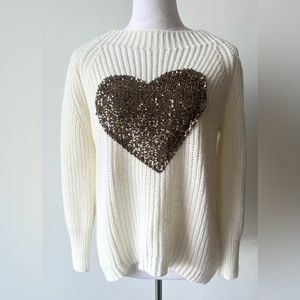 Venti6 White Sweater with Large Gold Sparkly Heart in Size L